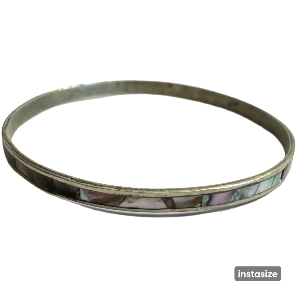 Vintage Signed Alpaca Mexico Abalone Shell Inlay Bangle Bracelet Jewelry